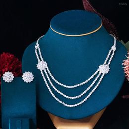 Necklace Earrings Set BeaQueen Multi Layered White Gold Colour Flower CZ Choker 2pcs Jewellery For Women Luxury Wedding Party JS406