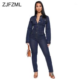 Single-breasted Denim Rompers Womens Jumpsuit Spring Autumn Clothing Turn Down Collar Long Sleeve Stretchy One Piece Overalls1287r