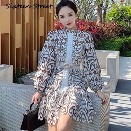 Lace Embroidery Woman New spring lantern sleeve runway party Dress female single-breasted autumn vestidos 201204249J