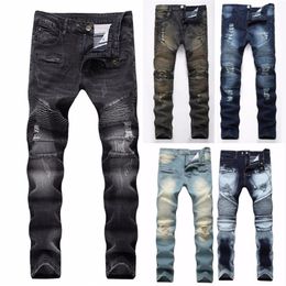 Fashion Hip Hop Patch Men Retro Jeans Knee Rap Hole Zipped Biker Men Loose Slim Destroyed Torn Ripped Denim Man Jeans Denim Jeans 305L