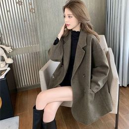 Women's Suits Insozkdg Women Wool Blend Coat Solid Mid Long Woollen Blazer Thick Warm Blouse Overcoat Office Lady Tops Autumn Winter
