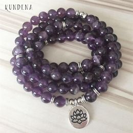 108 Amethysts Mala Yoga Bracelet Purple Natural Stone Lotus Bracelet or Necklace Buddha Charm Wrist 5 Wrapped bracelet Y1218274q