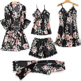 New 2020 Pyjamas Set Sexy Stain Women Silk Dressing Gown Pyjamas Summer Robe Sleepwear 5 Piece316W