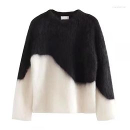 Women's Sweaters Autumn/Winter Black And White Color Collision Round Neck Pullover Mohair Sweater Y2k Clothes Oversized Tops