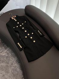 2023 Autumn Black Solid Colour Panelled Dress Long Sleeve Stand Collar Double Pockets Single-Breasted Casual Dresses D3O071430