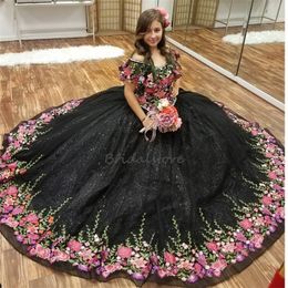 Beautiful Charro Black Mexican Quinceanera Dress 2024 Off Shoulders Ball Gown Costume Halloween Prom Dress Sweet 16 Birthday Vestidos De Xv Debutantes Masquerade