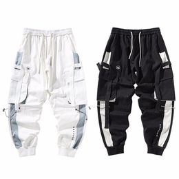 Men Fashion Ribbons Colour Block Black Pocket Cargo Pants Harem Joggers Harajuku Sweatpant Hip Hop Trousers Sweatpants271K