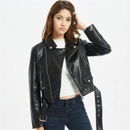 New Autumn Women Pu Leather Jacket Woman Zipper Belt Short Coat Female Black Punk Bomber Faux Leather Outwear2323