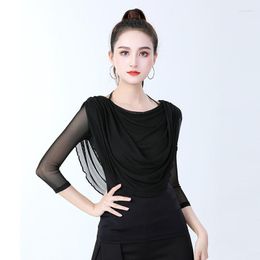 Stage Wear Adult Women Latin Dance Costume Black Blouse Half Sleeve-sleeved Top Modern Practise Flower Lace Net Yarn Collar Clothes