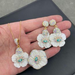 Necklace Earrings Set Pure Flower Shell Zircon Rings Natural Freshwater Pearl For Women Devil's Eye Three Piece Sets