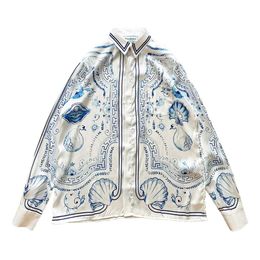 23SS Casablanca casual shirt swan texture white Cuban collar Hawaiian shirt men's and women's long-sleeved shirt casablanc