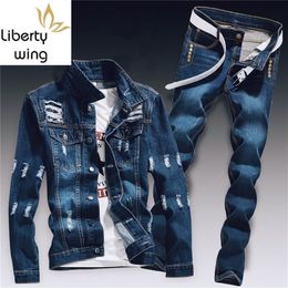 Spring Mens Denim Two Piece Set Hole Ripped Slim Fit Jacket Jeans Sets Male Casual Vintage Ropa Hombre Cargo Suit Streetwear283q
