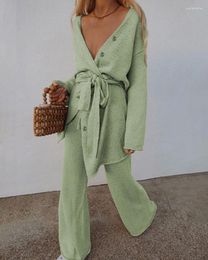 Women's Two Piece Pants 2023 Women Buttoned Knit Cardigan & Wide Leg Set Autumn Winter Long Sleeve Casual Suit Female Warm Clothings