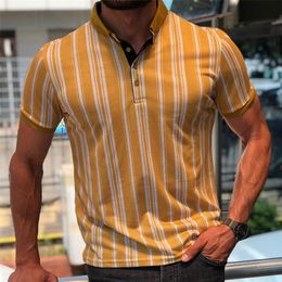 Customized Tees & Polos 082 Yellow and white stripes New Men's Short Sleeve Button Printing Casual Pullover Polo Shirt POLO Shirt