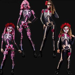 Theme Costume Day of The Dead Women Scary Ghost Come Rose Skeleton Halloween Sexy Devil Jumpsuit Girl Carnival Party Clothing for Adult Kid Q240307