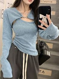 Women's Sweaters Deeptown Y2K Korean Fashion Pink Cropped Sweater Women Harajuku Sexy Slim Knitted Jumper Vintage Casual Vest Set Tops