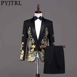 PYJTRL Men Fashion Gold Embroidery Suits White Black Red Prom Dress Stage Singers Costume Wedding Groom Tuxedo Jacket With Pants X271W