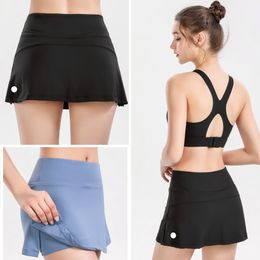 LU-3007 Women Fake Two Pieces Sports Shorts Female Elastic Quick Dry Running Yoga Pants Anti-slip High-Waisted Fitness Skirt