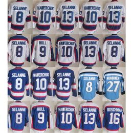 CCM Hockey Retro 16 Laurie Boschman Jerseys Retire 9 Bobby Hull 27 Teppo Numminen 8 Teemu Selanne 10 Dale Hawerchuk Blue White Stitched Breathable Vintage Classic