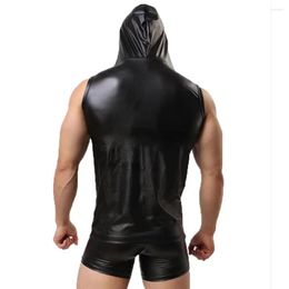 Men's Tank Tops Mens Undershirt Sexy Faux Leather Sleeveless T-Shirt Breathable Singletss Hooded Vest Top Tee Shirt Hoodie Dance Costume