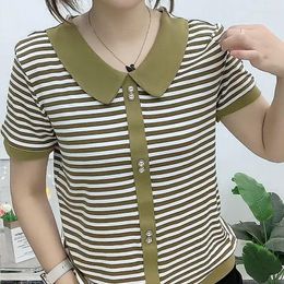 Women's T Shirts Korean Simple Summer Striped Doll Neck Short Sleeve T-shirt Women Patchwork Button Casual Loose Fashion Versatile Bottom