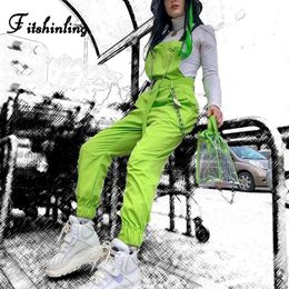 Fitshinling Fluorescence neon green jumpsuits women summer chain cargo playsuit fashion slim cotton buckle long jumpsuit female Y2248g