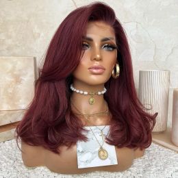 Burgundy Red Short Wavy Lace Front Wig Human Hair Bone Straight Bob Lace Front Wig PrePlucked Transparent Synthetic Lace Wig For Women