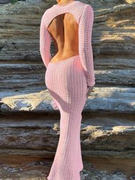 Casual Dresses Elegant Woman Pink Hollow Out Backless Sweater Dress High Street Ladies Sexy Waist Bodycon Knitted Long Streetwear