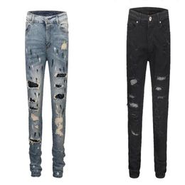 Men's Jeans 2021 TOP Designer Clothes Bottom Side Splash-ink Ripped Men Hip Hop Fashion Casual Drawstring Hole Black Blue 30-332r