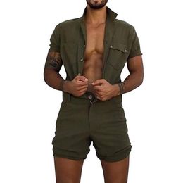 2020 Cotton Jumpsuit Mens Overalls Casual Lapel Short Sleeve Rompers Solid Colour Overall Single Breasted Romper Short Pants234c