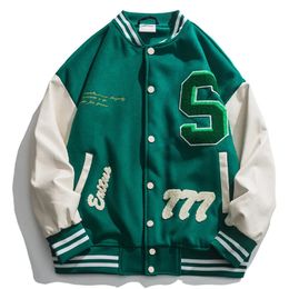 Mens Jackets High Street Baseball Jacket Men PU Leather Splice Towel Embroidery Varsity Jackets Vintage Loose Causal Coat Couple Green Jacket 231007