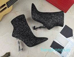 Woman Leather Ankle BootsBooties Opyum Comfortable versatile inside zip letter highheeled boots