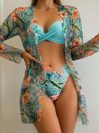 Women's Swimwear Bikini Sexy Women Swimsuit 2023 Print 3 Piece Bikinis Set Thong Long Sleece Beach Cover Up Bathing Suit For Female