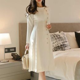 Elegant White Dress Women Casual Button A-Line Slim Dress Office Lady Runway Designers Autumn High Fashion Dresses Ladies SH1909012527