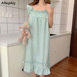 Women's Sleepwear Midi Nightgowns Women Sleeveless Plaid Homewear Square Collar Summer Simple Thin Ulzzang Sweet Fashion Breathable Ins