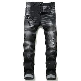 Unique Mens Distressed Badge Black Skinny Jeans Fashion Designer Slim Fit Washed Motocycle Denim Pants Panelled Hip Hop Biker Trou2405