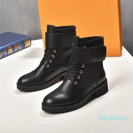 Designer Women Leather Ankle Boot Wonderland Ranger Designer Lady Buckle Canvas Strap Laceup Rubber Outsole Flat Booties size