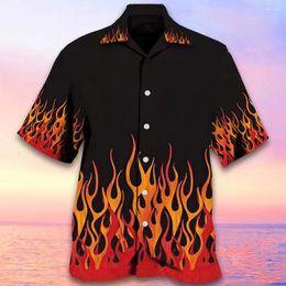 Men's Casual Shirts Summer Cuban Collar Shirt Flame Print High Quality Clothing Daily Hawaii Holiday Designer Short-sleeved