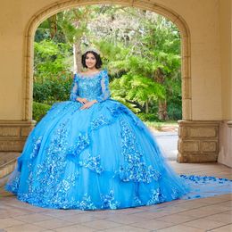 블루 롱 슬리브 Quinceanera 2024 볼 가운 레이스 아플리케 구슬로드 스위트 16 드레스 vestidos de 15 anos 326 326