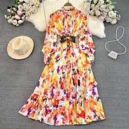 Autumn Charming Vintage Yellow Floral Printed Long Party Dress for Women Runway Designers Ruched Stand Collar Lantern Sleeve Maxi 284S