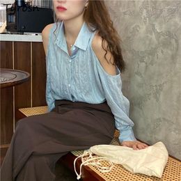 Women's Blouses Women Bare Shoulder Hollow Out Shirts Fashion Striped Loose Harajuku Sexy All Match Chic Casual Femme Turn Down Collar