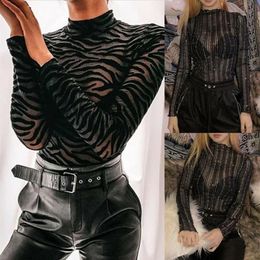 Sexy Women See-through Jumpsuit Bodycon Long Sleeve Zebra Stripe Leotard Tops Body suit239h