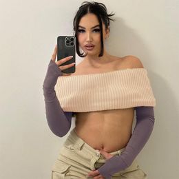 Women's T Shirts Contrast Color Strapless Off Shoulder Finger Gloves Long Sleeve T-shirts Crop Tops With Rib Knitted Cape Women Autumn