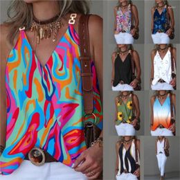 Women's Tanks Summer Simple V-neck Metal Buckle Printed Tank Top 2023 Sexy Casual Sleeveless Loose Strap