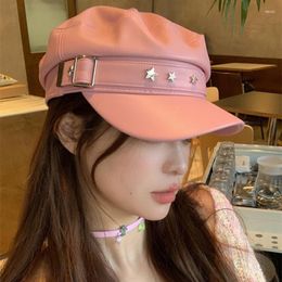 Berets Korean Version Metal Star Leather Navy Hat Autumn And Winter Y2K British Retro Fashion Pu Flat Top Beret Cap For Women