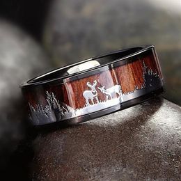 Black Tungsten Hunting Ring Wood Inlay Deer Stag Silhouette Ring Mens Wedding Band wedding ring size 6-13312U