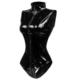 Women's Jumpsuits & Rompers Black Crotch Zipper Sleeveless Sexy Spandex Bodysuit Leather Latex Catsuit PVC Jumpsuit Women Sho250N