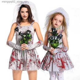 Theme Costume Halloween Come for Kids Adult Ghost Bride Cosplay Comes Horror Gray Bloodstain Wedding Dress Makeup Dance Suspender Dress Q231010