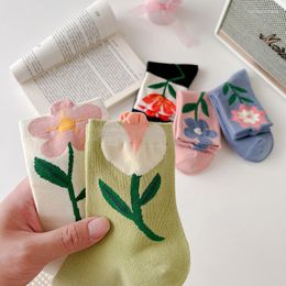 Women Socks Flower Cute Kawaii Japanese Korean Style Harajuku Funny Mid Tube Cotton Spring Breathable Casual Short