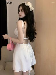 Casual Dresses Backless Women Sexy Solid Simple Fashion Empire All-match Elegant Folds Design Ladies Square Collar Korean Style Mini